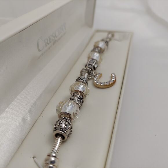 Swarovski Elements Charm Bracelet Horseshoe Silver Tone Beads Crescent Box Lucky - Picture 3 of 11